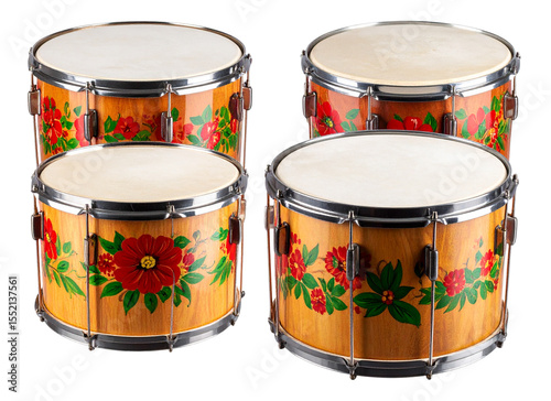  Handmade Wooden Drum with Painted Floral Patterns, Transparent PNG