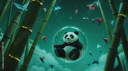 Panda sitting in a bubble floating through a glowing bamboo sky filled with paper kites