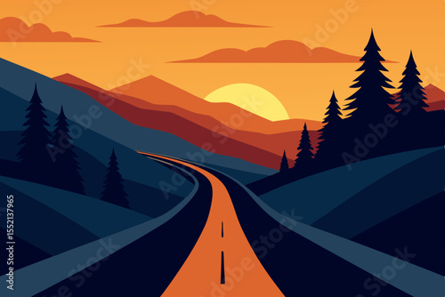 asphalt road on a mountain ridge at sunset overlo