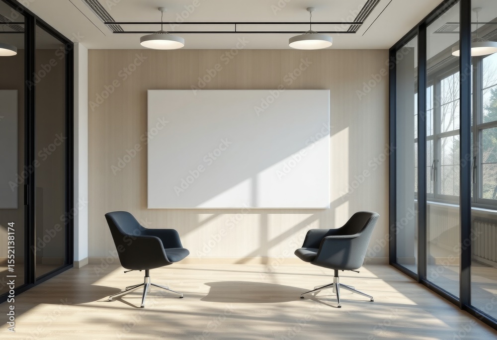 Fototapeta premium Sunlit Office Corner with Two Chairs and blank Whiteboard