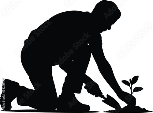 Silhouette of a Man Kneeling and Planting a Tree, Transparent Background.