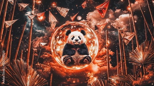Panda sitting in a bubble floating through a glowing bamboo sky filled with paper kites