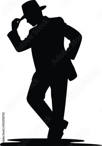 Silhouette of a Man in a Stylish Pose Tipping His Hat, Transparent Background.