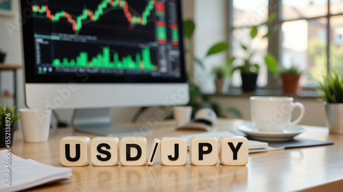 USD JPY forex trading chart shows real-time exchange rate and market fluctuations between US Dollar and Japanese Yen with copy space