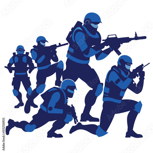 Five dark blue soldiers in tactical gear with weapons