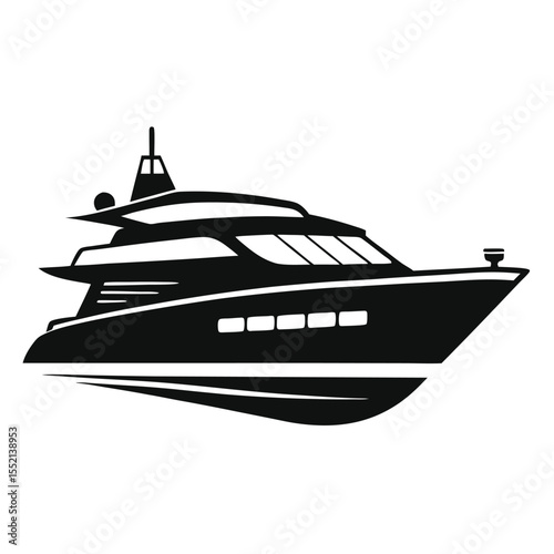 Sleek Black and White Illustration of a Luxurious Motor Yacht Boat Vessel