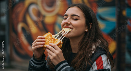 Influencer in streetwear taking a bite of a grilled cheese sandwich
