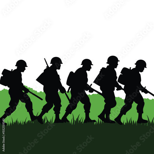 Five soldiers in silhouette marching through grass