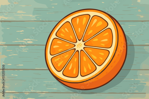 Retro orange slice vector on a blue wooden background. Fresh citrus fruit cross-section illustration. Healthy food concept for summer, diet, vitamin C, and juice. Vintage rustic style graphic.