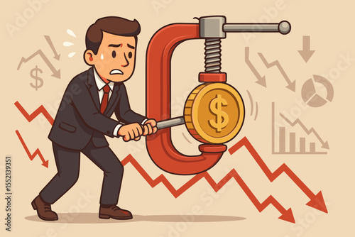 Economic crisis and recession concept. Businessman squeezing a dollar coin in a clamp. Metaphor for financial pressure, budget cuts, austerity, inflation, and debt problems.