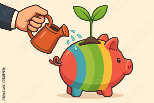 Investment growth metaphor. Businessman hand watering a green sprout in a rainbow piggy bank. Concept for saving money, financial planning, wealth accumulation, and nurturing capital.