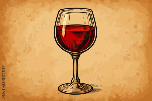 Vintage red wine glass illustration in a classic engraving style. Retro hand-drawn sketch of a wineglass on old parchment paper. Elegant woodcut icon for winetasting menu.
