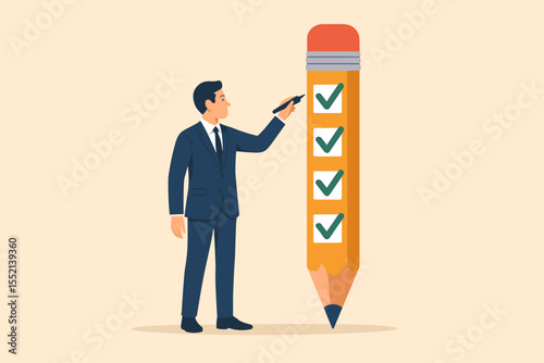 Businessman with a pen marks a checklist on a giant pencil. Career progression journey concept. Goal achievement, task completion, and professional development milestones for success.