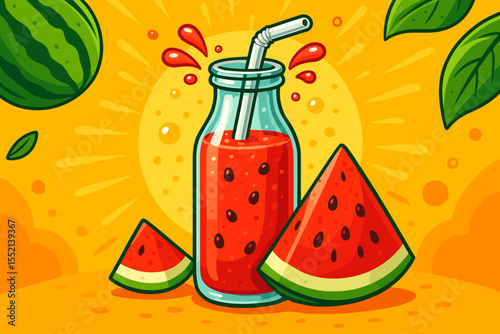 Refreshing watermelon juice in a glass bottle with a straw, surrounded by fresh fruit slices. Summer cold beverage concept for a healthy, natural diet. Vibrant cartoon vector illustration.