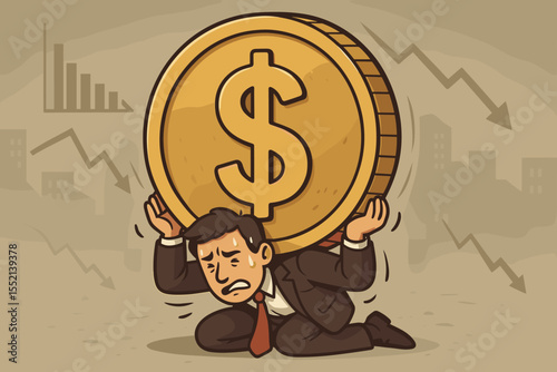 Economic crisis concept. Businessman crushed under the weight of a giant dollar coin. Financial pressure, business debt, bankruptcy, and recession metaphor. Downward chart.