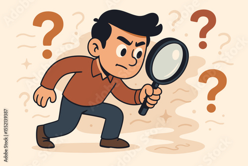 Quest for knowledge concept. Curious man with magnifying glass searching for answers. Investigation, problem-solving, and discovery. Cartoon character with question marks vector.