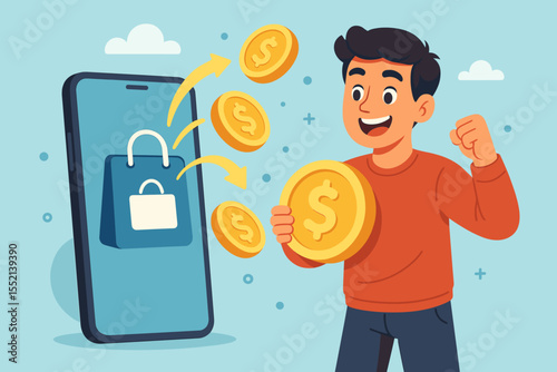 Cashback online shopping concept. Happy man gets money refund from a smartphone purchase. E-commerce reward program vector illustration. Customer receiving gold coins as a bonus or prize.