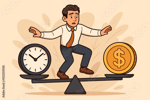 Work life balance concept with a businessman balancing on a scale. Time vs money metaphor. Career choice, priority, and financial management. Vector illustration of stress and choice.
