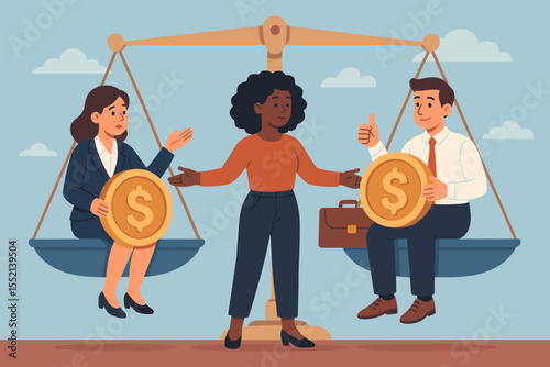 Equal pay for equal work concept. Man and woman on balanced scales of justice holding money coins. Bridging the gender wage gap. Fair salary, financial justice and diversity.