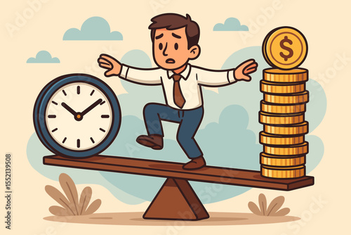 Work-life balance concept with a businessman balancing on a scale between time and money. Metaphor for career, finance, investment, and value. Time is money. Vector cartoon character.