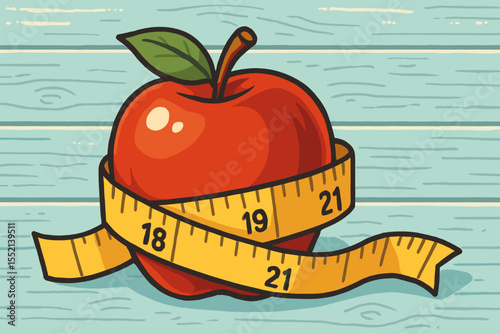 Red apple with measuring tape vector illustration. Concept for weight loss, diet control, fitness, and healthy eating. Nutrition, body measurement, and wellness lifestyle symbol.