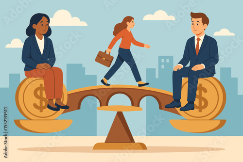 Gender pay gap and equality vector concept. Man and woman on balanced scales with dollar coins. Fair compensation, salary equity, diversity, and equal opportunity in business.