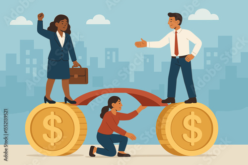 Gender pay gap concept. Businesswoman and man bridging salary inequality. Fair compensation, wage equity, and career opportunity. Financial equality and women empowerment vector.