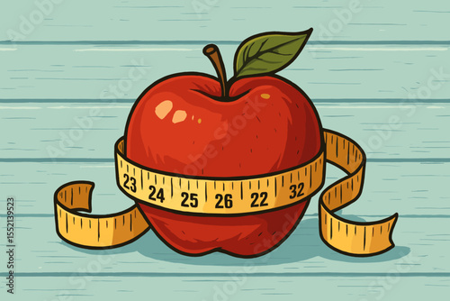 Red apple with a measuring tape vector concept for diet and weight loss. Healthy eating, nutrition plan and fitness lifestyle symbol on a wooden background. Cartoon illustration.