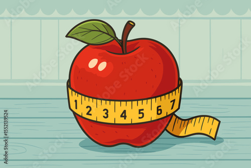Concept of diet, weight loss, and healthy eating with a red apple and measuring tape. Nutrition for fitness and a healthy lifestyle. Vector cartoon illustration on a wooden background.