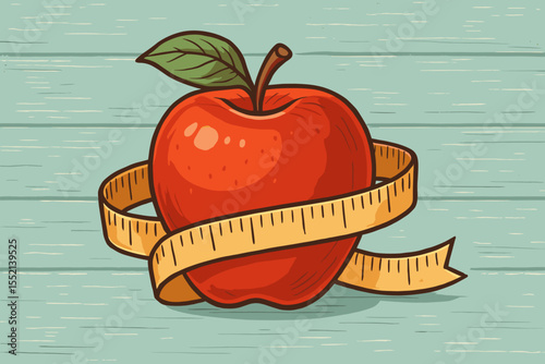 Red apple with measuring tape for diet and weight loss concept. Healthy eating, nutrition, and fitness vector illustration. Body measurement symbol on vintage wooden background.