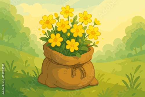 Burlap sack filled with vibrant yellow flowers on a green summer meadow. Rustic bouquet of wildflowers in a jute bag in nature. Cute cartoon vector illustration for gardening.