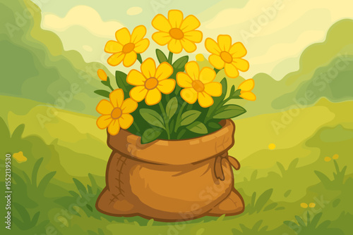 Burlap sack filled with vibrant yellow flowers sitting on green grass in a sunny meadow. Vector cartoon illustration of a rustic planter with a wildflower bouquet. Gardening concept.