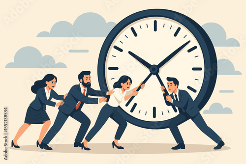 Business team struggling to stop a giant clock's hands. Metaphor for deadline pressure, time management, and corporate teamwork. Race against time and efficiency concept. Vector.