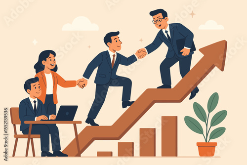Business team collaborating to foster career growth. Mentoring and support concept with helping hand. People climbing up arrow chart to success. Teamwork and partnership vector.