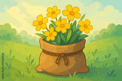 Burlap sack with vibrant yellow flowers in a sunny spring meadow. Vector cartoon illustration of a rustic floral arrangement in nature. Cute gardening concept with blooming blossoms.