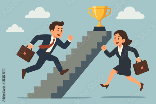 Business rivalry with man and woman competing for a trophy. Corporate competition concept with employees racing for success. Career ladder, ambition, motivation, achievement, goal.