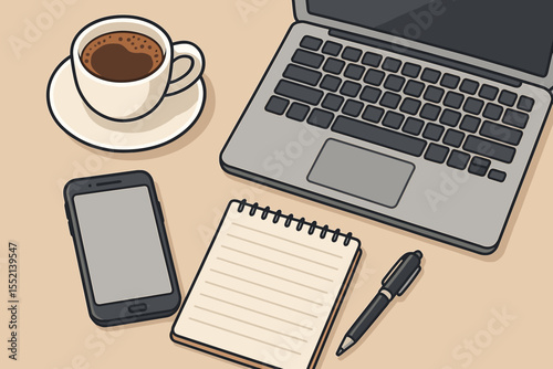 Modern office desk top view with laptop computer, coffee, mobile phone, and spiral notebook. Business concept for remote work, freelance, or studying. Vector cartoon illustration.