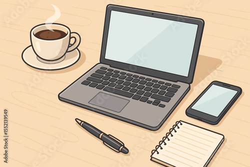 Office desk workspace with laptop computer, smartphone, hot coffee cup, pen, and notebook. Modern flat cartoon vector illustration for business, freelance, remote work, or studying.