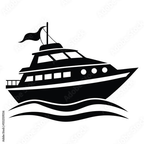 Silhouette of a Motor Yacht Sailing on Wavy Water, Simple Design Vector