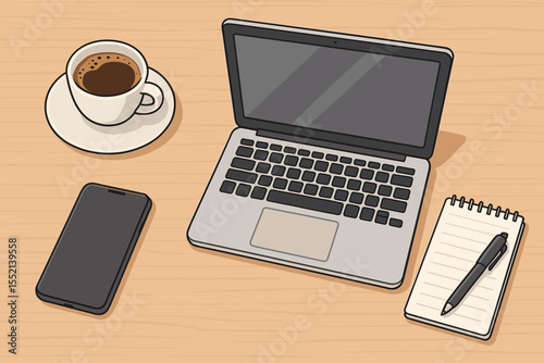 Modern office desk top view vector illustration. Business workspace concept with laptop, coffee cup, smartphone, and notepad. Freelancer or remote work workplace cartoon graphic.