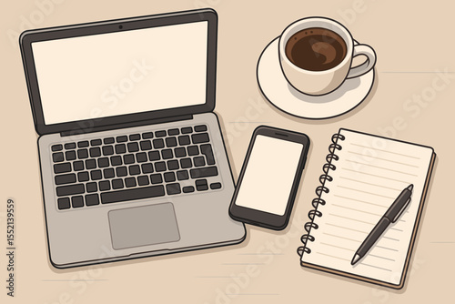 Modern office desk workspace top view with open laptop, smartphone, notepad, and coffee. Workplace for business, freelance, or remote work from home. Flat lay vector cartoon illustration.