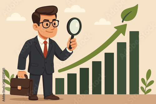 Sustainable business development concept. Cartoon businessman with magnifying glass analyzing green growth chart. ESG investment strategy and financial progress vector illustration.