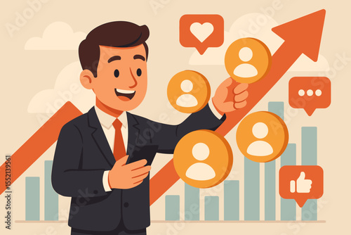 Social media marketing concept. Businessman with phone adds new followers for successful business growth. Audience engagement, SMM strategy for online presence. Digital network. Vector.
