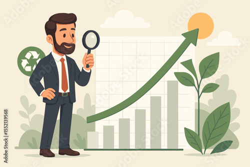 Sustainable business growth concept. Businessman with magnifying glass analyzing ESG investment chart. Green economy, eco-friendly development, and financial progress. Vector.