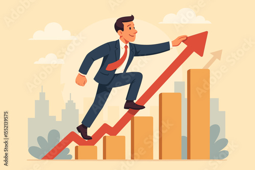 Businessman climbing to success, reaching new heights on a growth arrow chart. Concept of career achievement, professional progress, ambition, and corporate development. Vector.