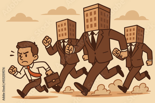 Concept of the corporate rat race. Cartoon businessman running against faceless building-head figures. Vector illustration of career pressure, competition, and corporate dehumanization.