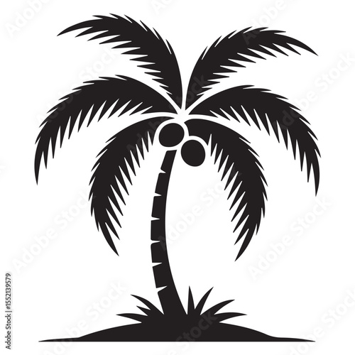 Tropical Palm Tree Icon with Coconuts – Simple Black Silhouette Vector
