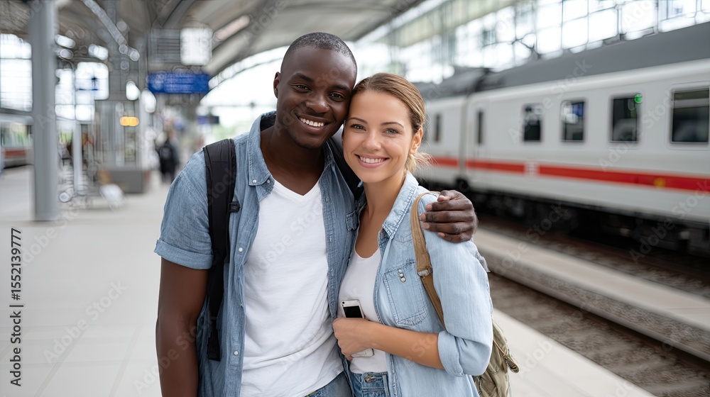 Fototapeta premium Young couple stands smiling at a train station, with modern architecture and a red and white train in the background, ready for adventure