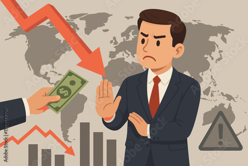 Global economic crisis concept. Businessman rejecting US dollar money due to investment risk and recession. Financial market crash with downward arrow graph. Currency devaluation.