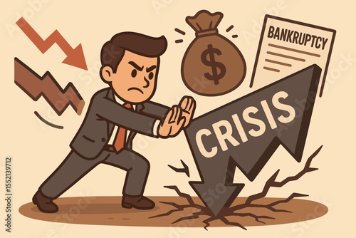 Businessman resisting financial crisis and bankruptcy. Metaphor for economic recession, business failure, and debt. Determined character pushing against problems and downward trend.